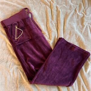Y2K Juicy Couture Deep Purple Velour Track Wide Leg Pants with Gold Chain Accent
